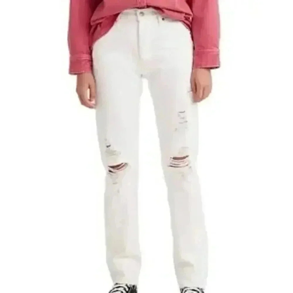 NWT Levis 501 Original Fit Women’s 100% Cotton Jeans White Distressed 27 x 30